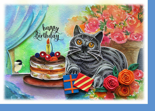 Birthday cake & cat - Quilling card