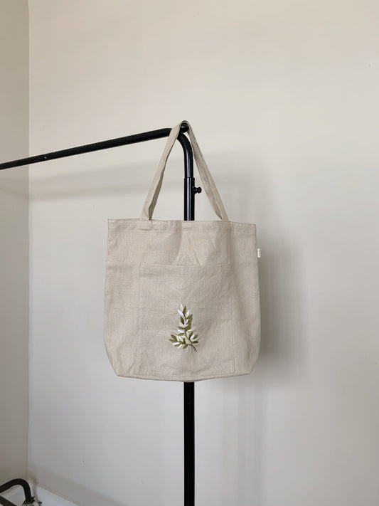 Linen Canvas Tote Bag with Hand Embroidery Leaf