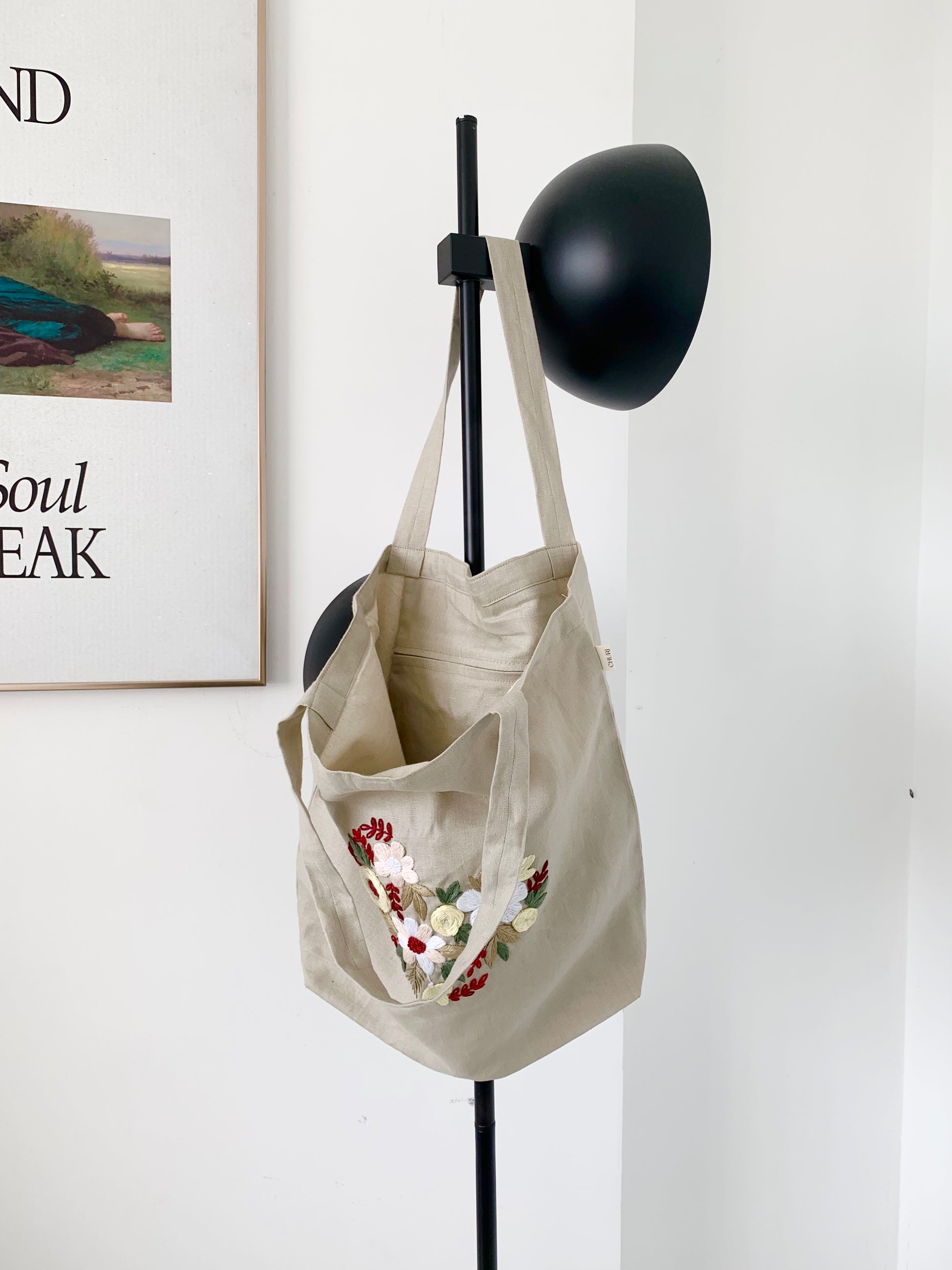 The Hand Embroidery Linen Canvas Tote Bag with Heart Floral Bouquet embroidery