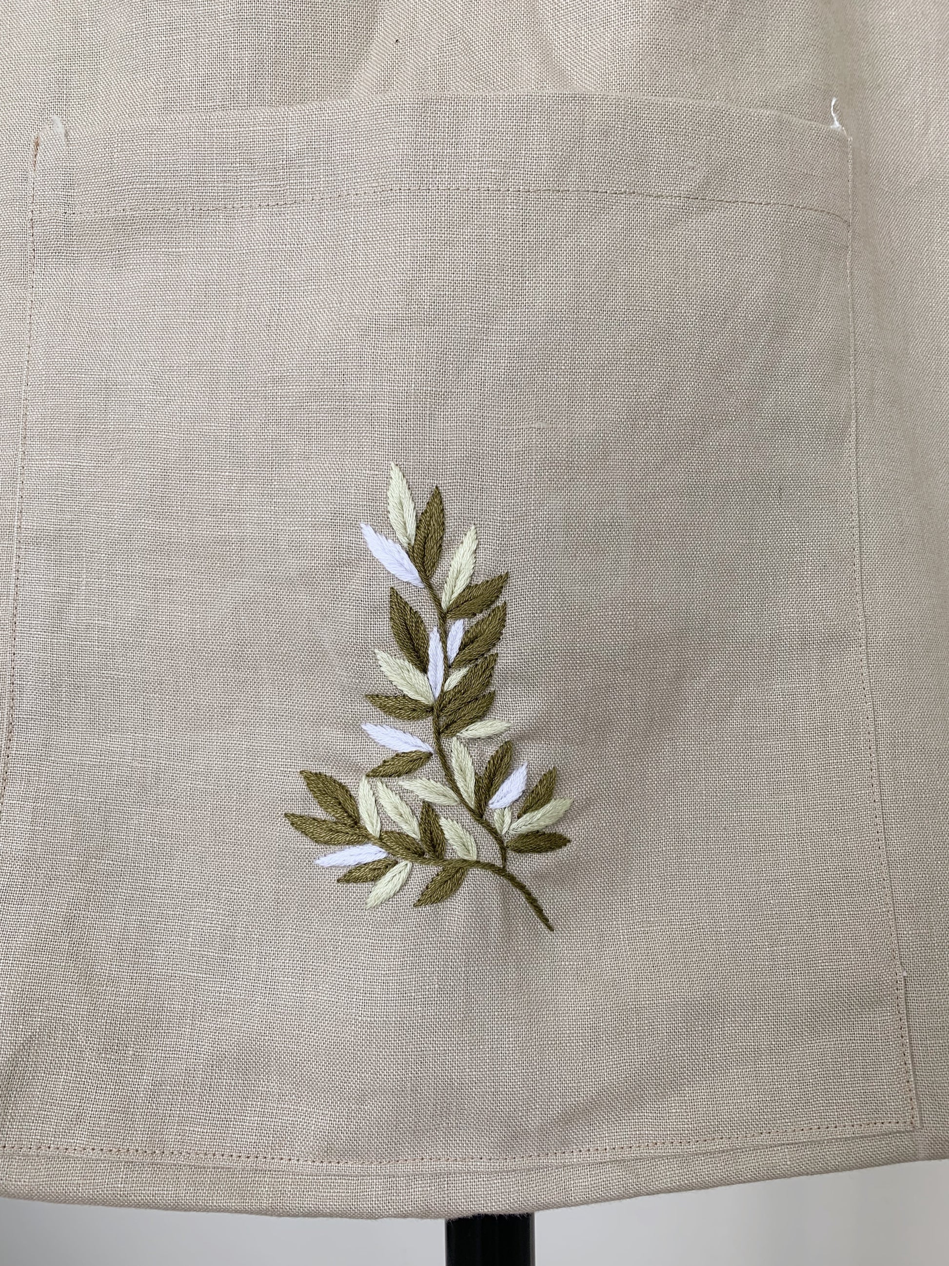 Linen Canvas Tote Bag with Hand Embroidery Leaf