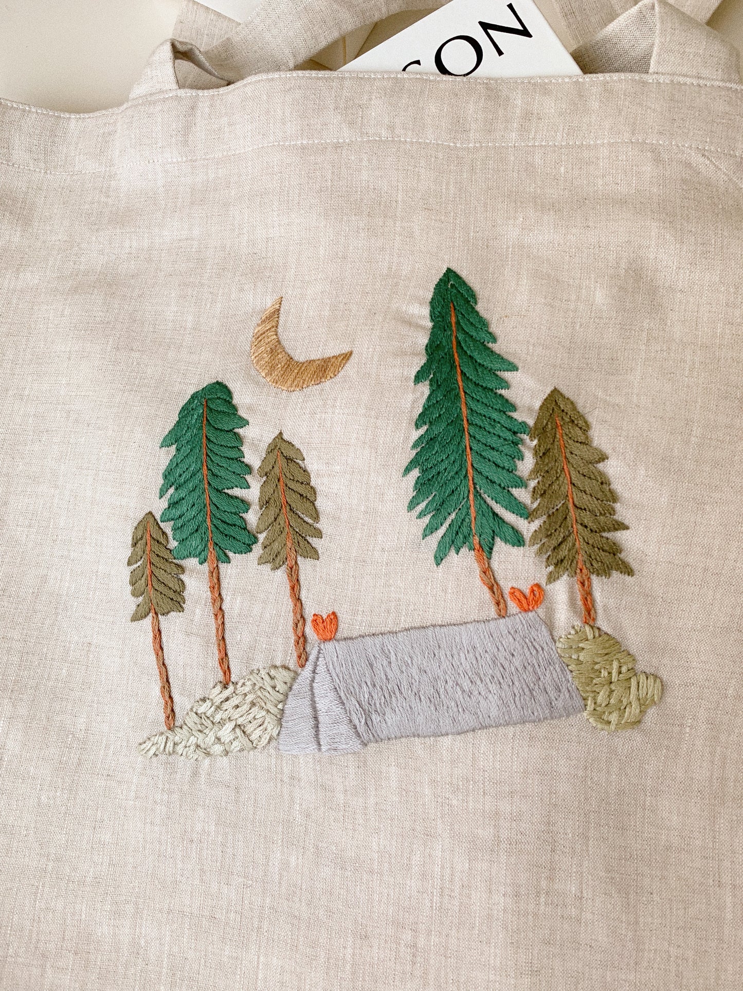 Hand Embroidery Linen Canvas Tote Bag is Beautiful and unique tote bag made from high-quality linen canvas with hand-stitched forest embroidery