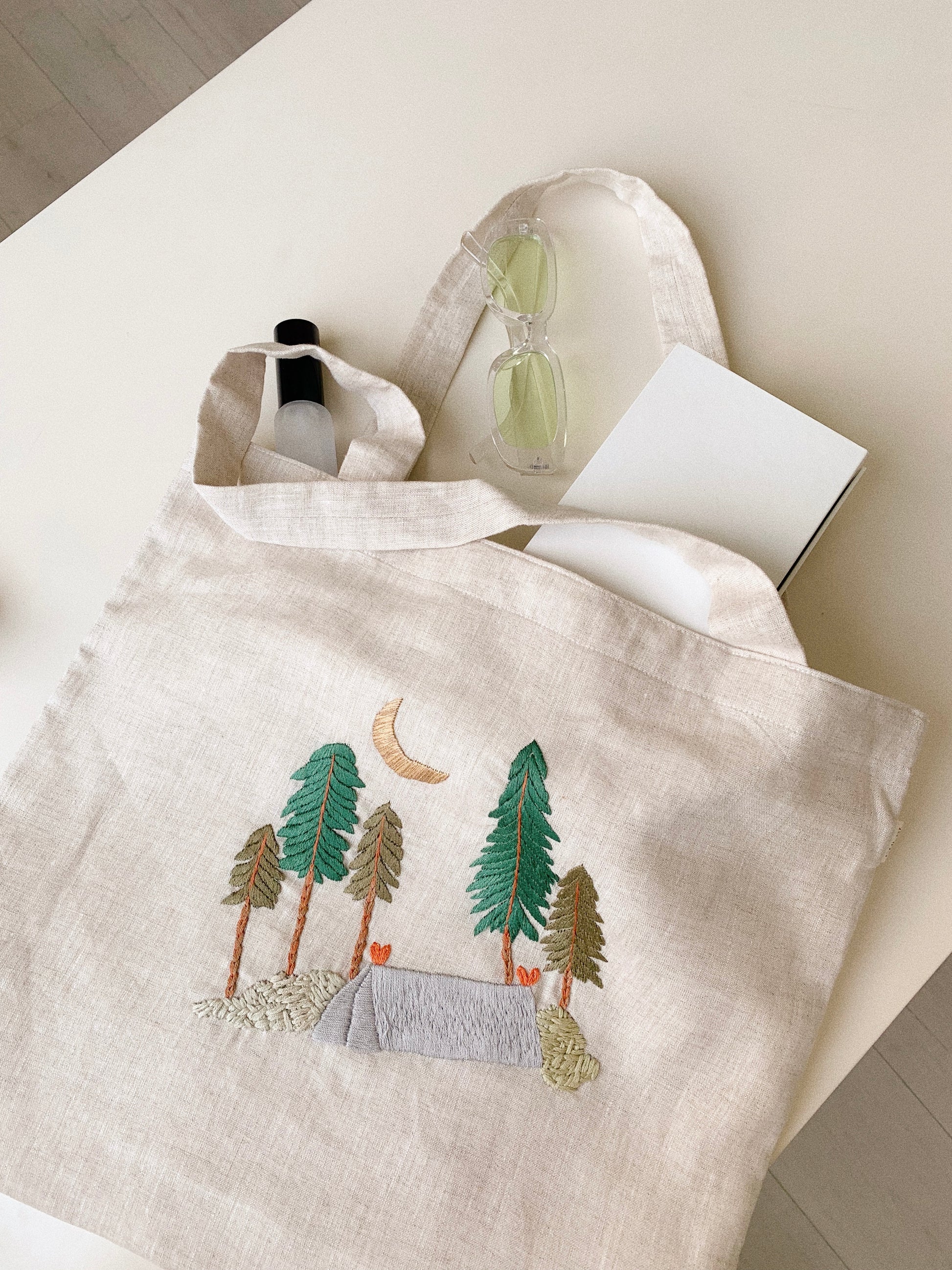 Hand Embroidery Linen Canvas Tote Bag is Beautiful and unique tote bag made from high-quality linen canvas with hand-stitched forest embroidery