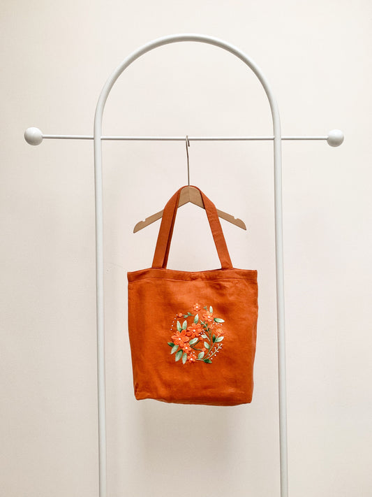 Canvas Tote Bag With Flowers Floral Hand Embroidered Design