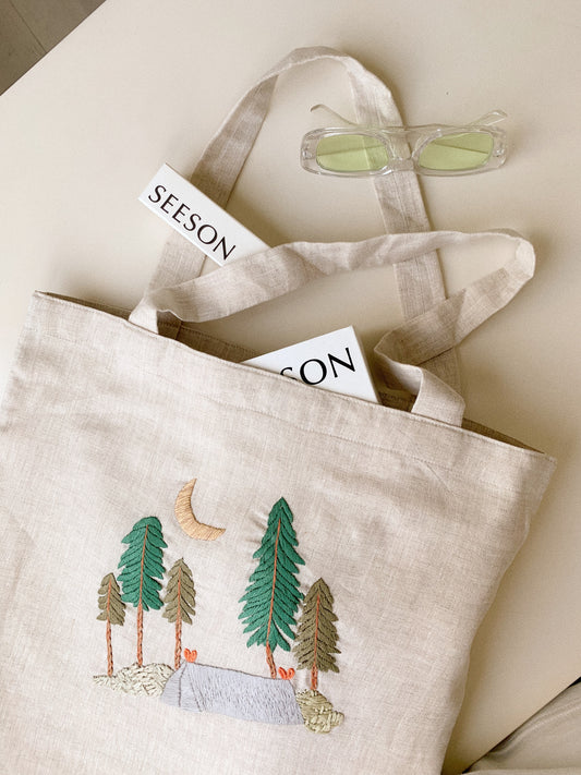 Hand Embroidery Linen Canvas Tote Bag is Beautiful and unique tote bag made from high-quality linen canvas with hand-stitched forest embroidery