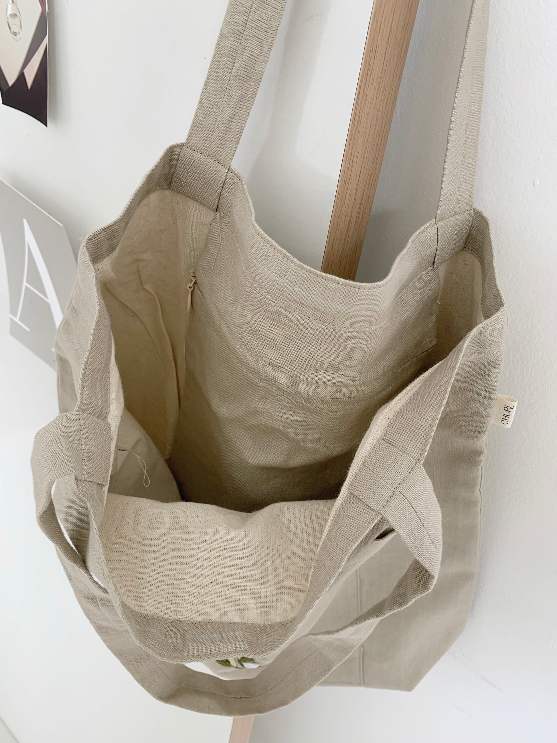 Linen Canvas Tote Bag with Hand Embroidery Leaf