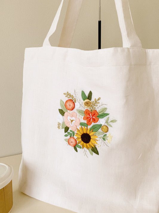 Linen Canvas Tote Bag with Hand Embroidery Sunflower