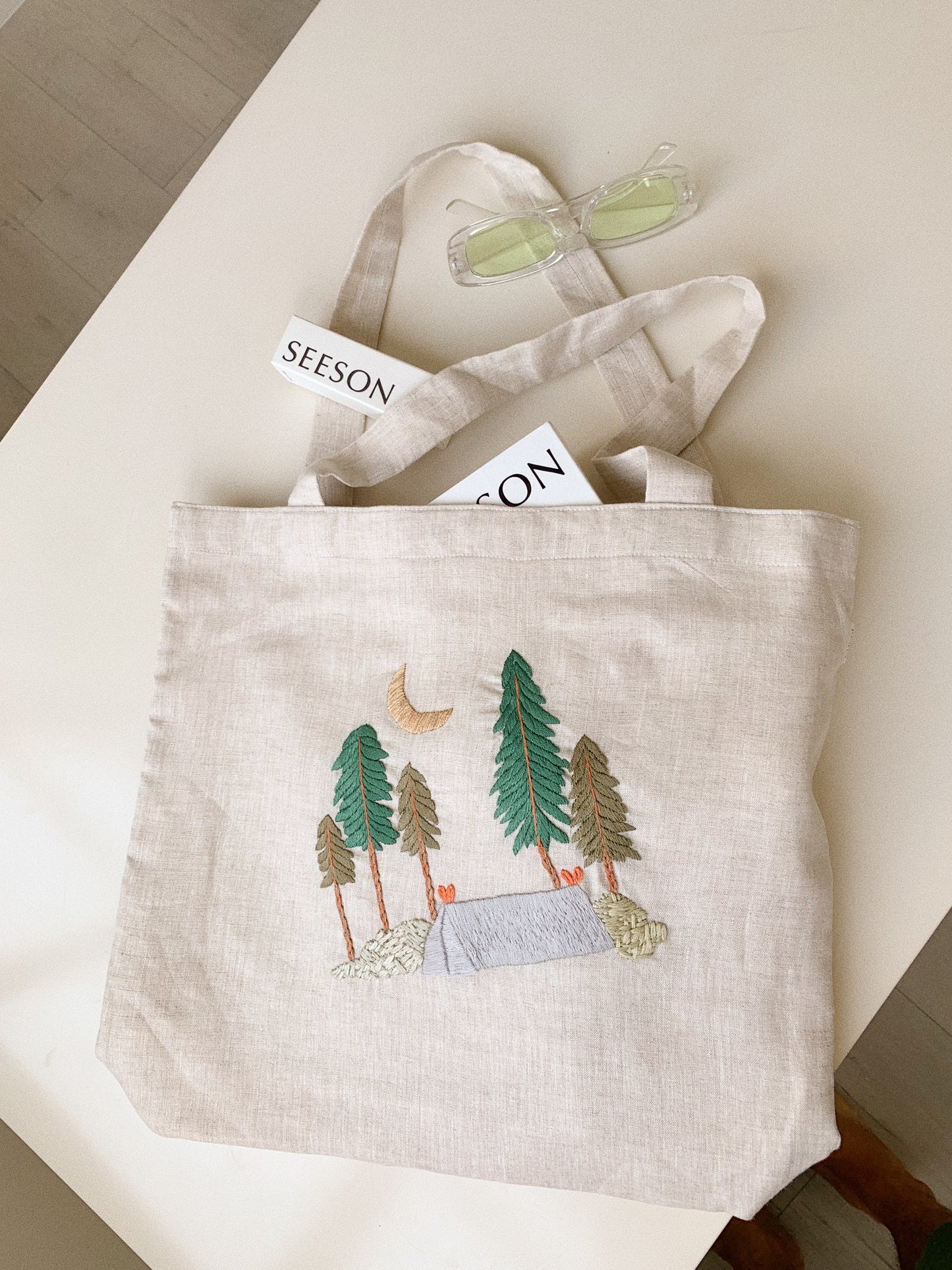 Hand Embroidery Linen Canvas Tote Bag is Beautiful and unique tote bag made from high-quality linen canvas with hand-stitched forest embroidery