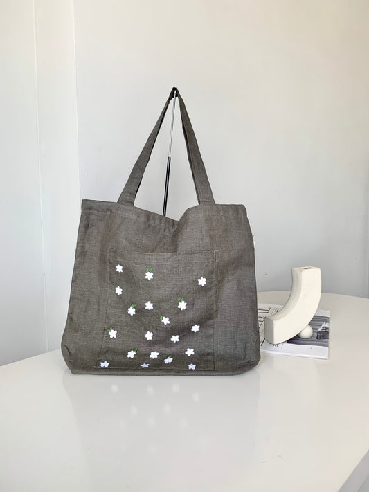 Linen Canvas Tote Bag with Hand Embroidery Daisy Flower